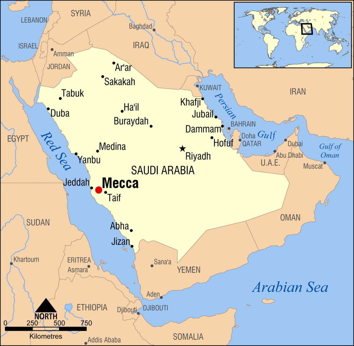 地図のメッカはサウジアラビア