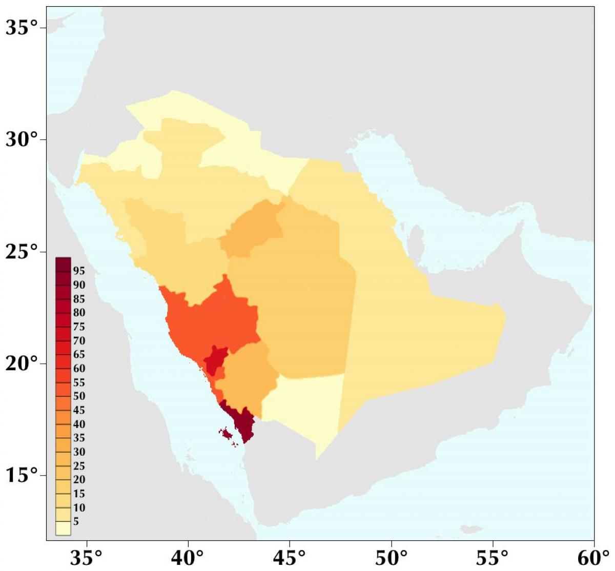 サウジアラビアの人口密度の地図