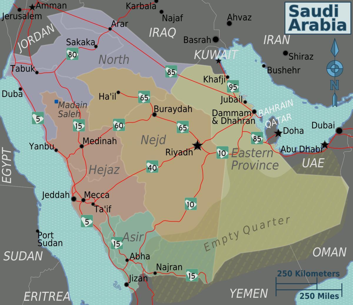 地図サウジアラビアの主要都市との距離